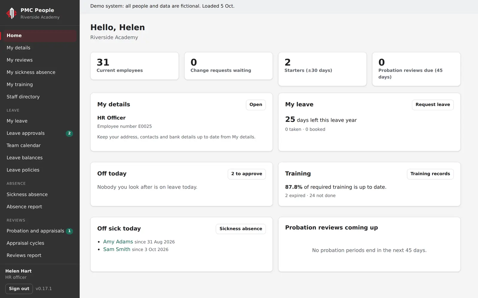 PMC People's home page for an HR officer at a fictional school.